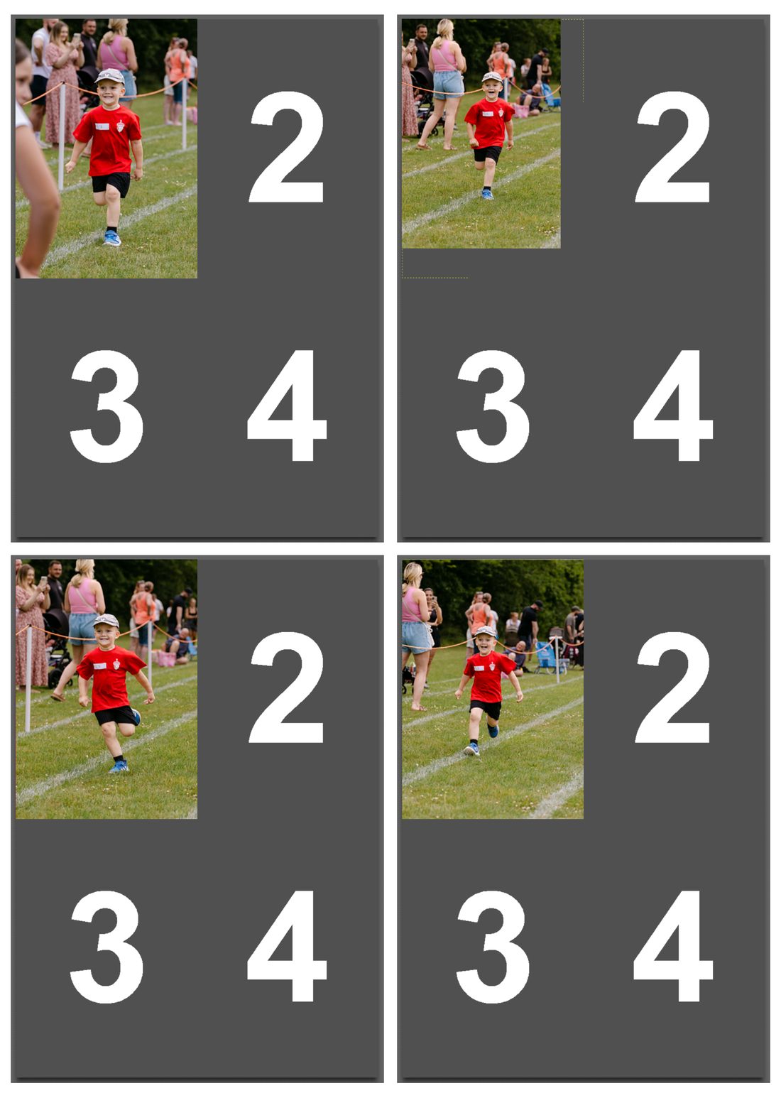 Four print sheets in Darkroom, each with one photo in the first cell and the remaining cells showing empty numbered placeholders.